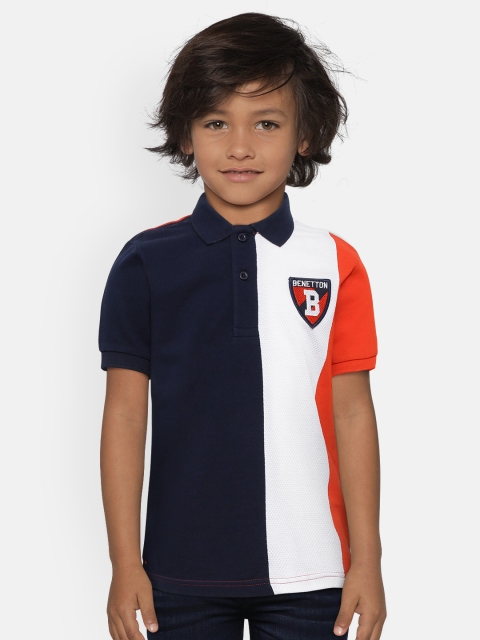 

United Colors of Benetton Boys Navy Blue and White Colourblocked Polo Collar Pure Cotton T-shirt
