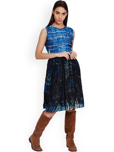 

Label Ritu Kumar Blue & Black Printed Silk Fit & Flare Dress