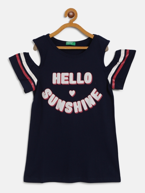 

United Colors of Benetton Girls Navy Blue Printed A-Line Pure Cotton Top