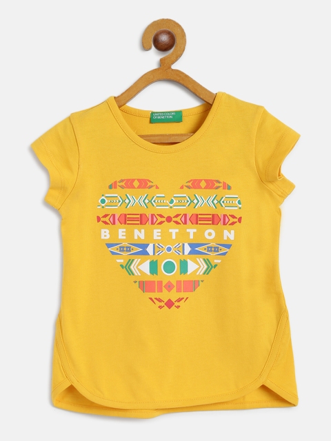 

United Colors of Benetton Girls Mustard Yellow Aztec Heart Print Round Neck T-shirt