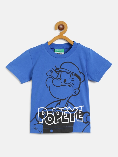 

United Colors of Benetton Boys Blue and Black Popeye Print Round Neck T-shirt