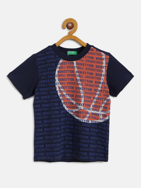 

United Colors of Benetton Boys Navy & Rust Orange Football Printed Round Neck T-shirt, Navy blue