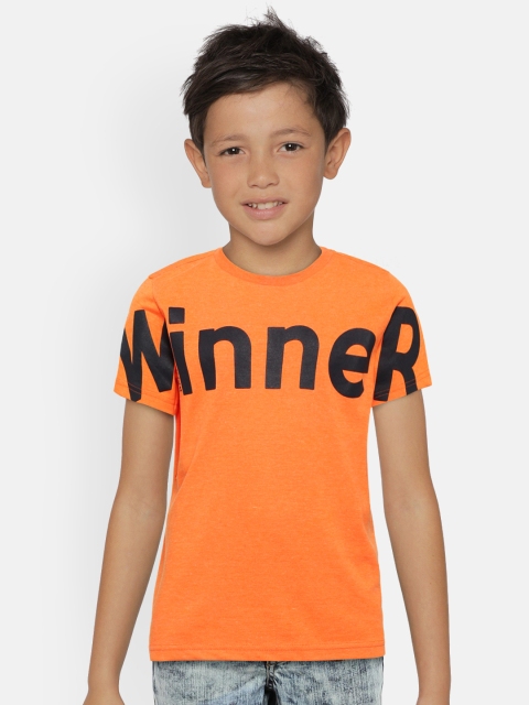 

United Colors of Benetton Boys Orange and Black Printed Round Neck T-shirt