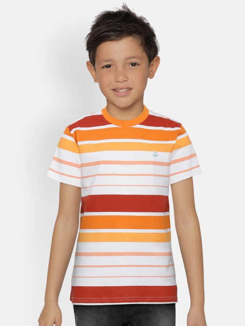 

United Colors of Benetton Boys White and Orange Striped Round Neck T-shirt