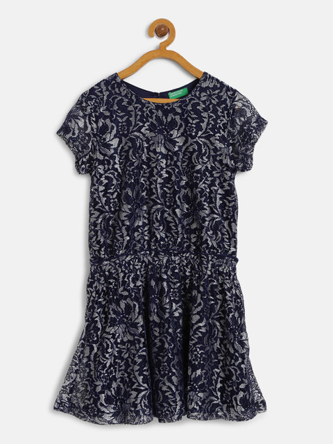 

United Colors of Benetton Girls Navy Blue & Grey Lace Drop-Waist Dress