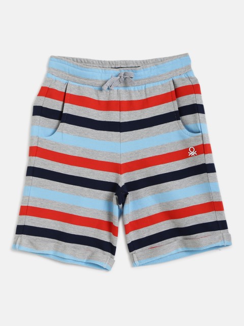 

United Colors of Benetton Boys Grey Melange and Blue Striped Regular Fit Shorts