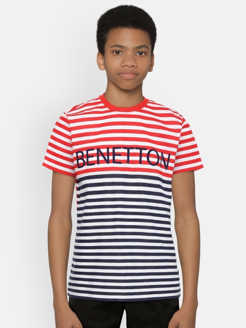 

United Colors of Benetton Boys White and Navy Blue Striped Round Neck Pure Cotton T-shirt