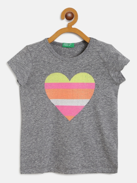 

United Colors of Benetton Girls Grey Printed Round Neck T-shirt