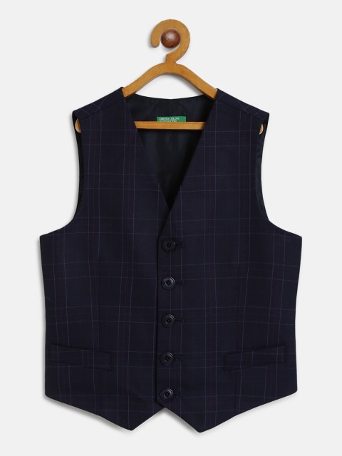 

United Colors of Benetton Boys Navy Blue Checked Waistcoat