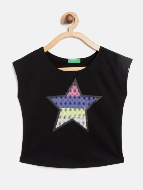 United Colors of Benetton Girls Black Star Printed Round Neck Pure Cotton T-shirt