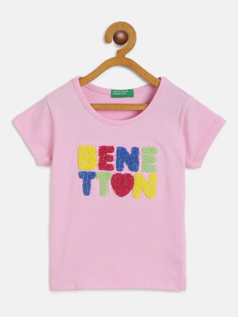 

United Colors of Benetton Girls Pink Applique Detail Round Neck Pure Cotton T-shirt