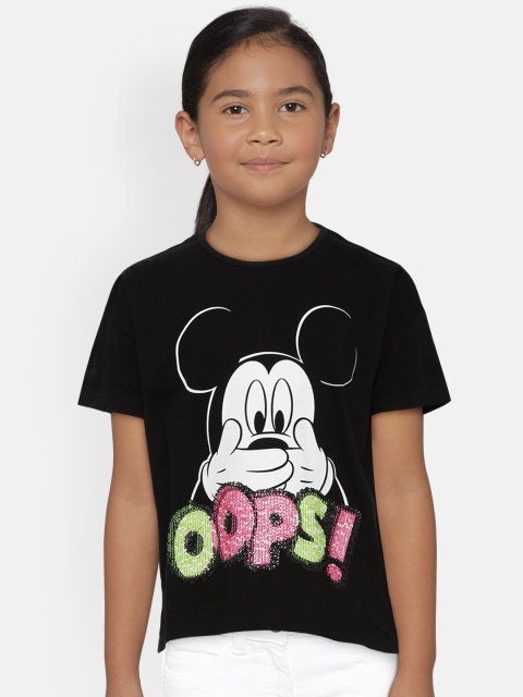 

United Colors of Benetton Girls Black Mickey Mouse Printed Round Neck T-shirt