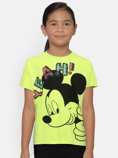 

United Colors of Benetton Girls Lime Green and Black Mickey Mouse Print Round Neck T-shirt