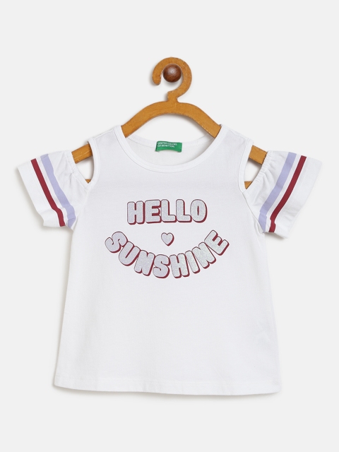 

United Colors of Benetton Girls White Printed Cold-Shoulder Pure Cotton Top