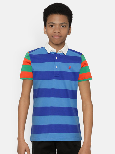

United Colors of Benetton Boys Blue Striped Polo Collar Pure Cotton T-shirt