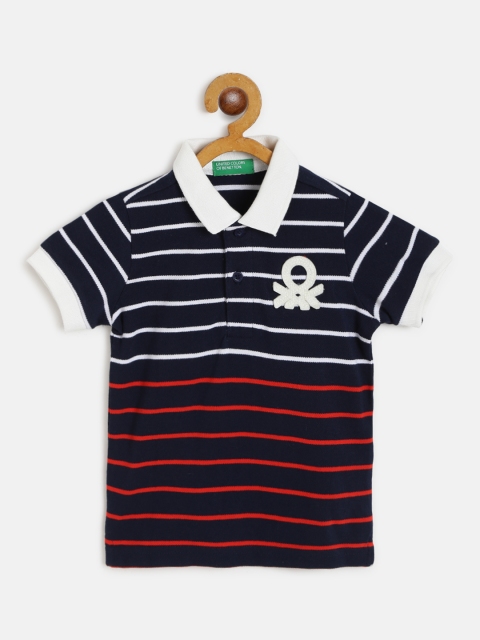 

United Colors of Benetton Boys Navy & White Striped Polo Collar T-shirt, Navy blue