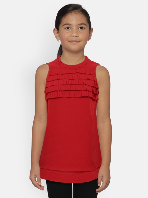 

United Colors of Benetton Girls Red Solid Pleated Detail Layered A-Line Dress