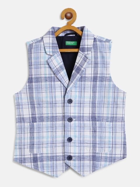 

United Colors of Benetton Boys Blue and White Checked Waistcoat