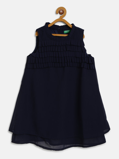 

United Colors of Benetton Girls Navy Blue Solid A-Line Dress with Accordion Pleats