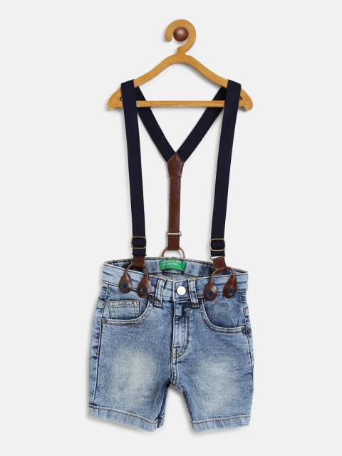 

United Colors of Benetton Boys Blue Washed Denim Shorts with Suspenders