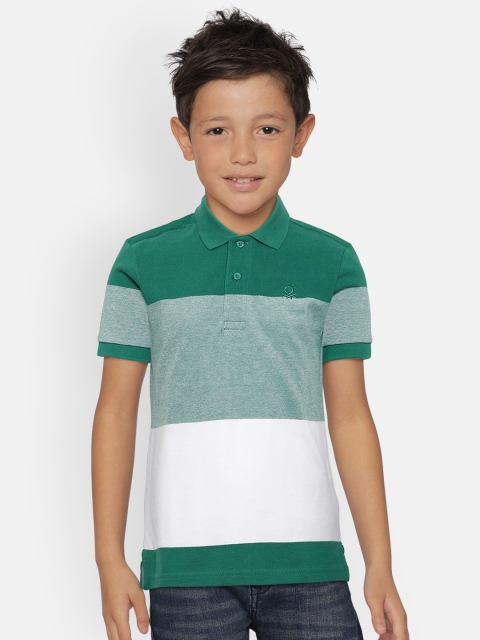 

United Colors of Benetton Boys Green and White Striped Polo Collar T-shirt