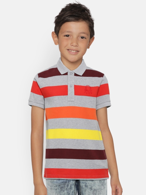 

United Colors of Benetton Boys Grey Melange and Red Striped Polo Collar Pure Cotton T-shirt