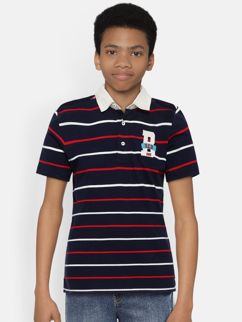 

United Colors of Benetton Boys Navy White Striped Polo Collar Pure Cotton T-shirt, Navy blue
