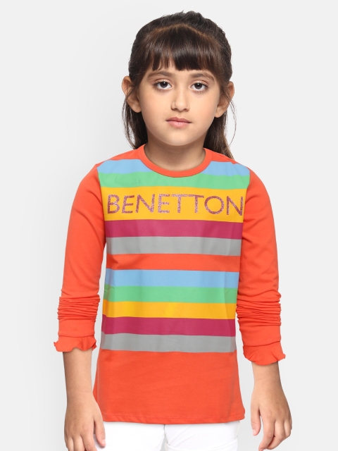 

United Colors of Benetton Girls Orange & Blue Striped Round Neck T-shirt