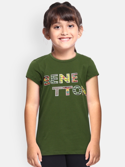 

United Colors of Benetton Girls Olive Green Printed Round Neck Pure Cotton T-shirt