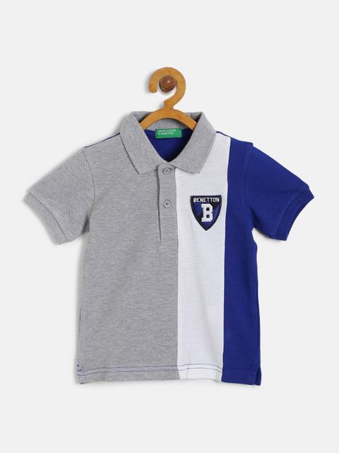 

United Colors of Benetton Boys Grey Melange Navy Colourblocked Polo Collar Pure Cotton T-shirt