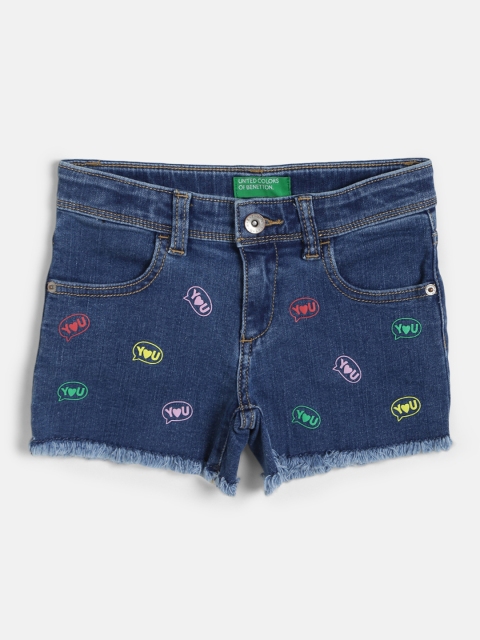 

United Colors of Benetton Girls Navy Blue Printed Regular Fit Denim Shorts