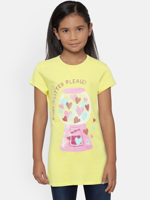 

United Colors of Benetton Girls Yellow & Pink Printed Round Neck T-shirt