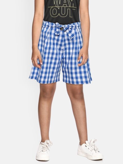 

United Colors of Benetton Girls Blue & White Checked Regular Fit Shorts with Belt