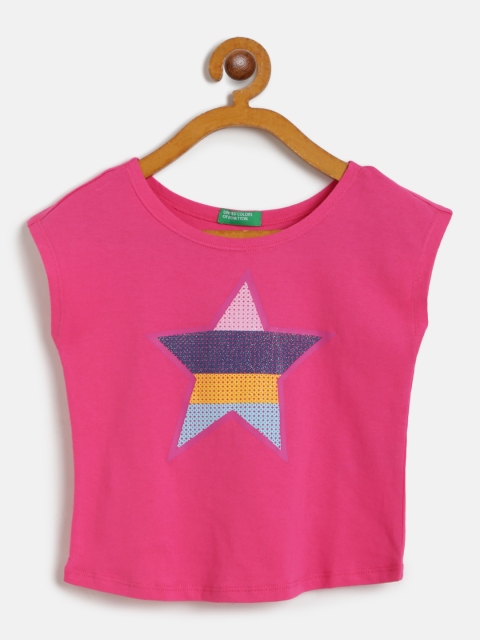 

United Colors of Benetton Girls Fuchsia Pink Star Print Round Neck Pure Cotton T-shirt