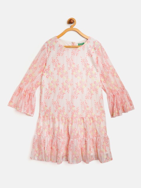 

United Colors of Benetton Girls Peach-Coloured & White Floral Lace Drop-Waist Dress