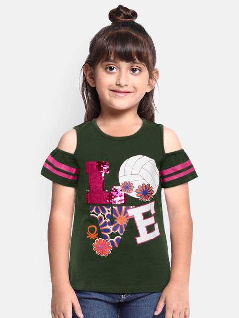 

United Colors of Benetton Girls Olive Green Printed & Flip Sequinned Cold-Shoulder Pure Cotton Top