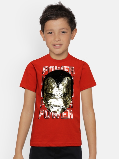

United Colors of Benetton Boys Red & White Iron Man Flip Sequin Round Neck T-shirt