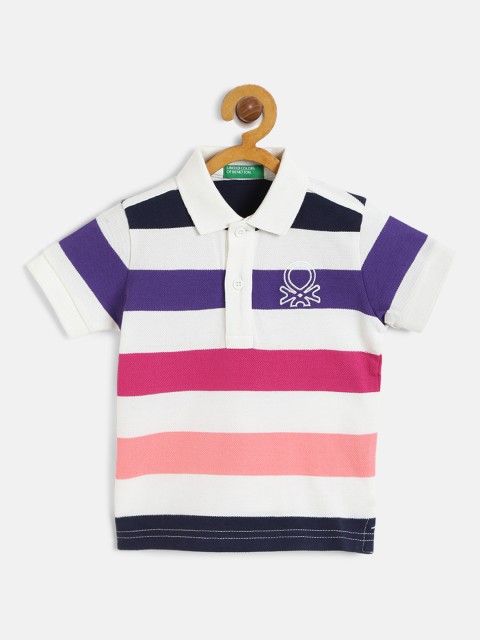 

United Colors of Benetton Boys White and Pink Striped Polo Collar T-shirt