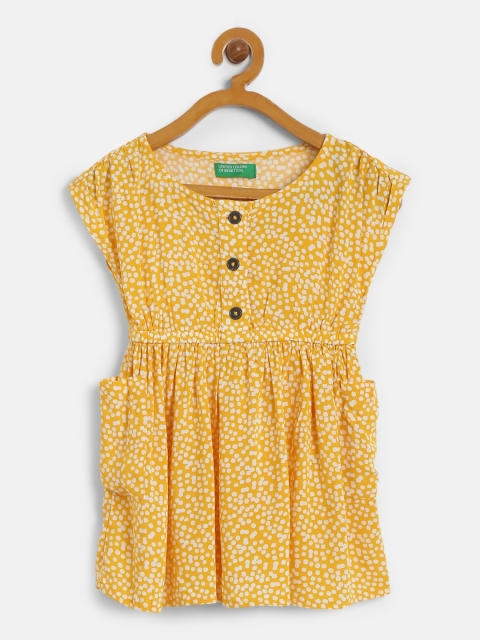 

United Colors of Benetton Girls Yellow and White Printed A-Line Dress