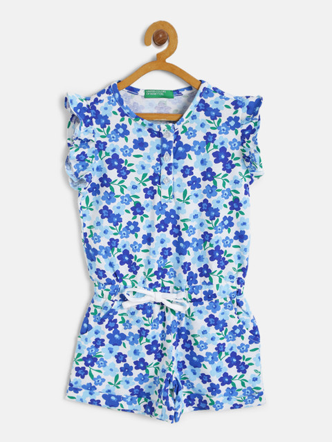 

United Colors of Benetton Girls Blue & White Floral Print Playsuit