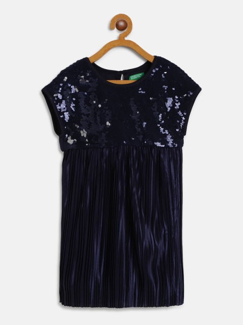 

United Colors of Benetton Girls Navy Blue Sequinned Accordion Pleated A-Line Dress