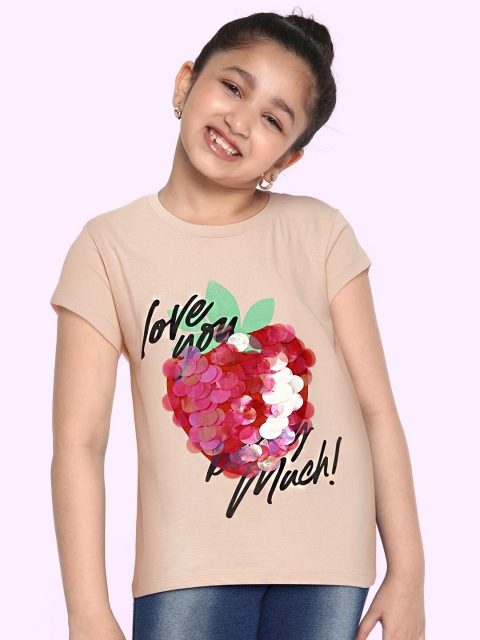 

United Colors of Benetton Girls Pink Black Strawberry Print Round Neck Pure Cotton T-shirt