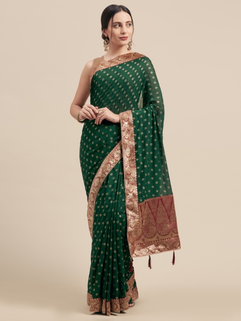 

Nanda Silk Mills Green & Gold-Toned Poly Silk Woven Design Saree
