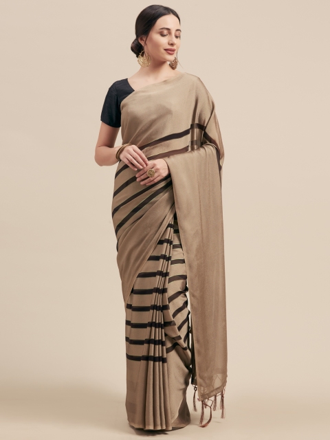 

Nanda Silk Mills Taupe & Brown Poly Chiffon Striped Saree