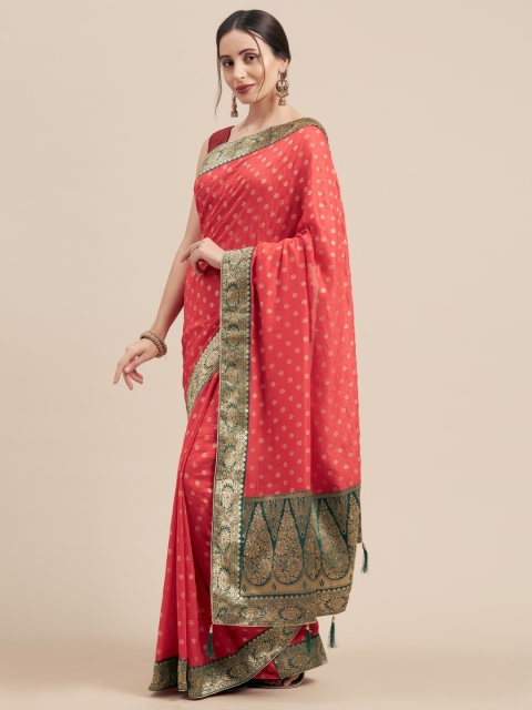

Nanda Silk Mills Pink & Gold-Toned Poly Silk Woven Design Saree