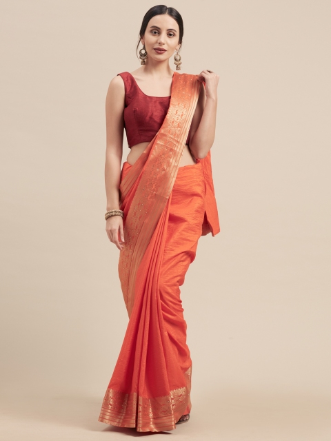 

Nanda Silk Mills Orange & Maroon Silk Blend Solid Saree
