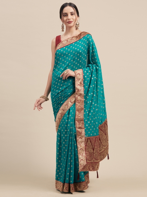 

Nanda Silk Mills Teal Blue & Gold-Toned Silk Blend Woven Design Saree
