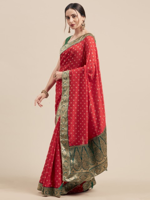 

Nanda Silk Mills Red & Gold-Toned Poly Silk Woven Design Saree