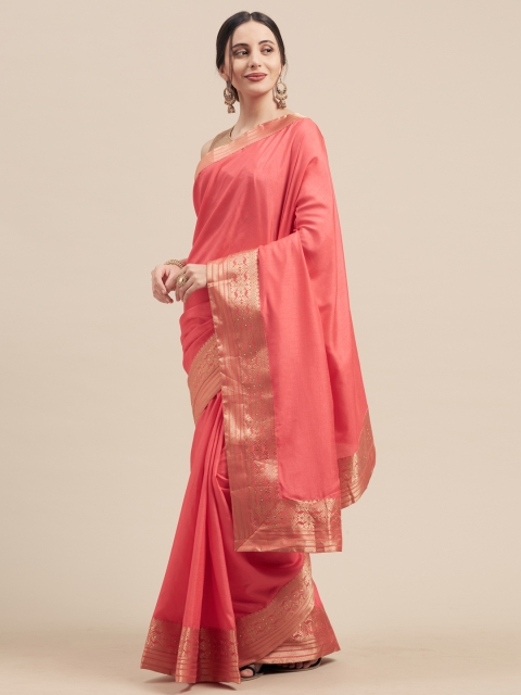 

Nanda Silk Mills Pink & Gold-Toned Silk Blend Solid Saree