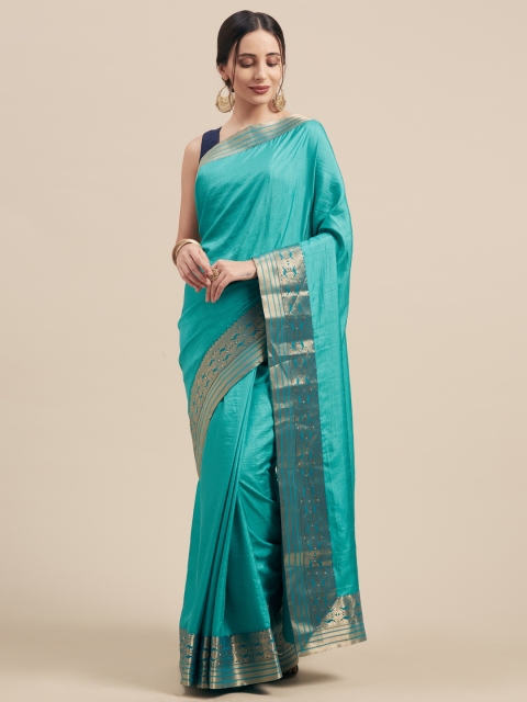 

Nanda Silk Mills Teal Blue Solid Silk Blend Saree